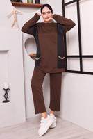 Tesettür giyim KAHVE CEPLERİ ZİNCİR DETAYLI İKİLİ PANTOLONLU TAKIM 3182 