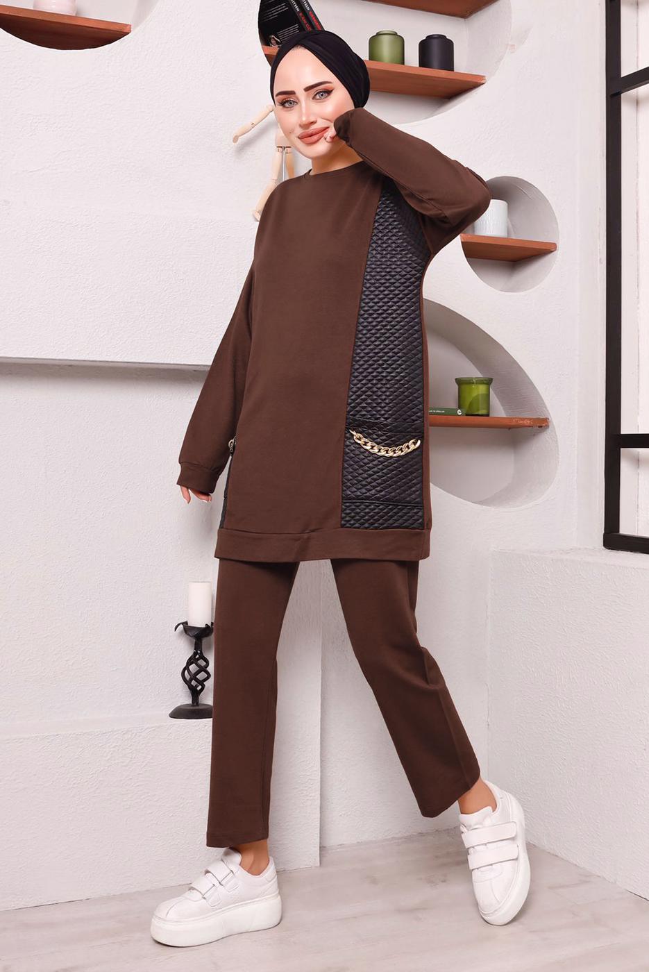 Tesettür giyim KAHVE CEPLERİ ZİNCİR DETAYLI İKİLİ PANTOLONLU TAKIM 3182 