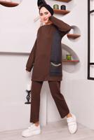 Tesettür giyim KAHVE CEPLERİ ZİNCİR DETAYLI İKİLİ PANTOLONLU TAKIM 3182 