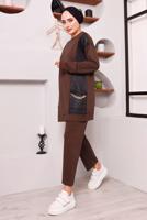 Tesettür giyim KAHVE CEPLERİ ZİNCİR DETAYLI İKİLİ PANTOLONLU TAKIM 3182 