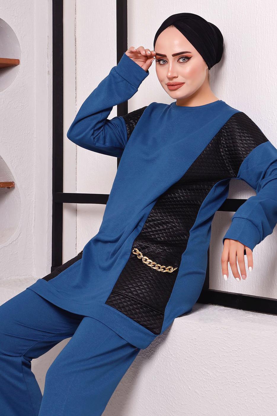 Tesettür giyim LACİVERT CEPLERİ ZİNCİR DETAYLI İKİLİ PANTOLONLU TAKIM 3182 