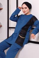 Tesettür giyim LACİVERT CEPLERİ ZİNCİR DETAYLI İKİLİ PANTOLONLU TAKIM 3182 