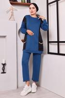 Tesettür giyim LACİVERT CEPLERİ ZİNCİR DETAYLI İKİLİ PANTOLONLU TAKIM 3182 