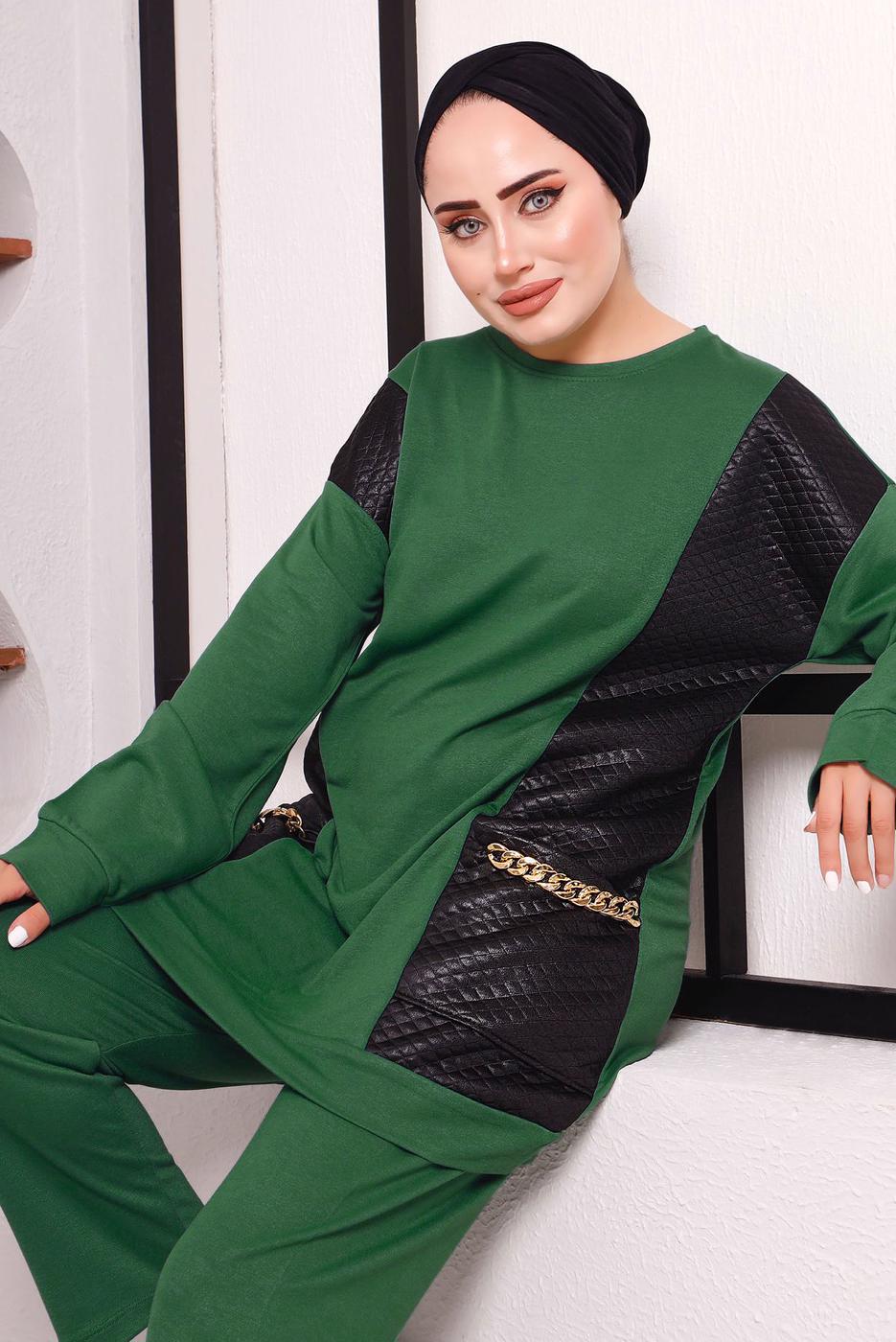 Tesettür giyim YEŞİL CEPLERİ ZİNCİR DETAYLI İKİLİ PANTOLONLU TAKIM 3182 