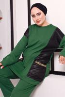 Tesettür giyim YEŞİL CEPLERİ ZİNCİR DETAYLI İKİLİ PANTOLONLU TAKIM 3182 
