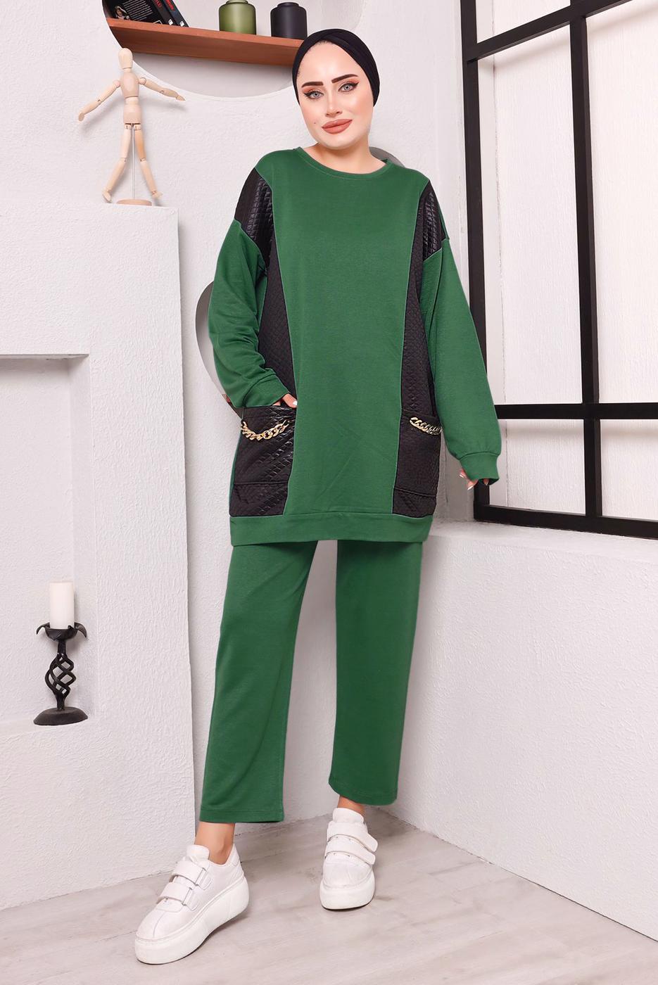 Tesettür giyim YEŞİL CEPLERİ ZİNCİR DETAYLI İKİLİ PANTOLONLU TAKIM 3182 
