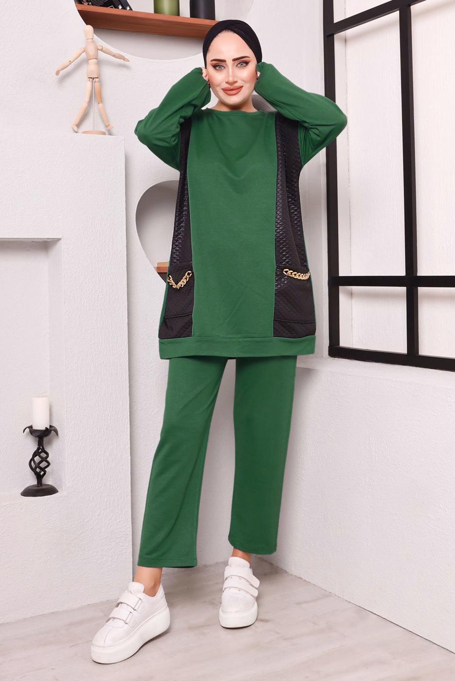 Tesettür giyim YEŞİL CEPLERİ ZİNCİR DETAYLI İKİLİ PANTOLONLU TAKIM 3182 