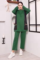 Tesettür giyim YEŞİL CEPLERİ ZİNCİR DETAYLI İKİLİ PANTOLONLU TAKIM 3182 