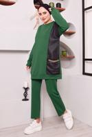Tesettür giyim YEŞİL CEPLERİ ZİNCİR DETAYLI İKİLİ PANTOLONLU TAKIM 3182 