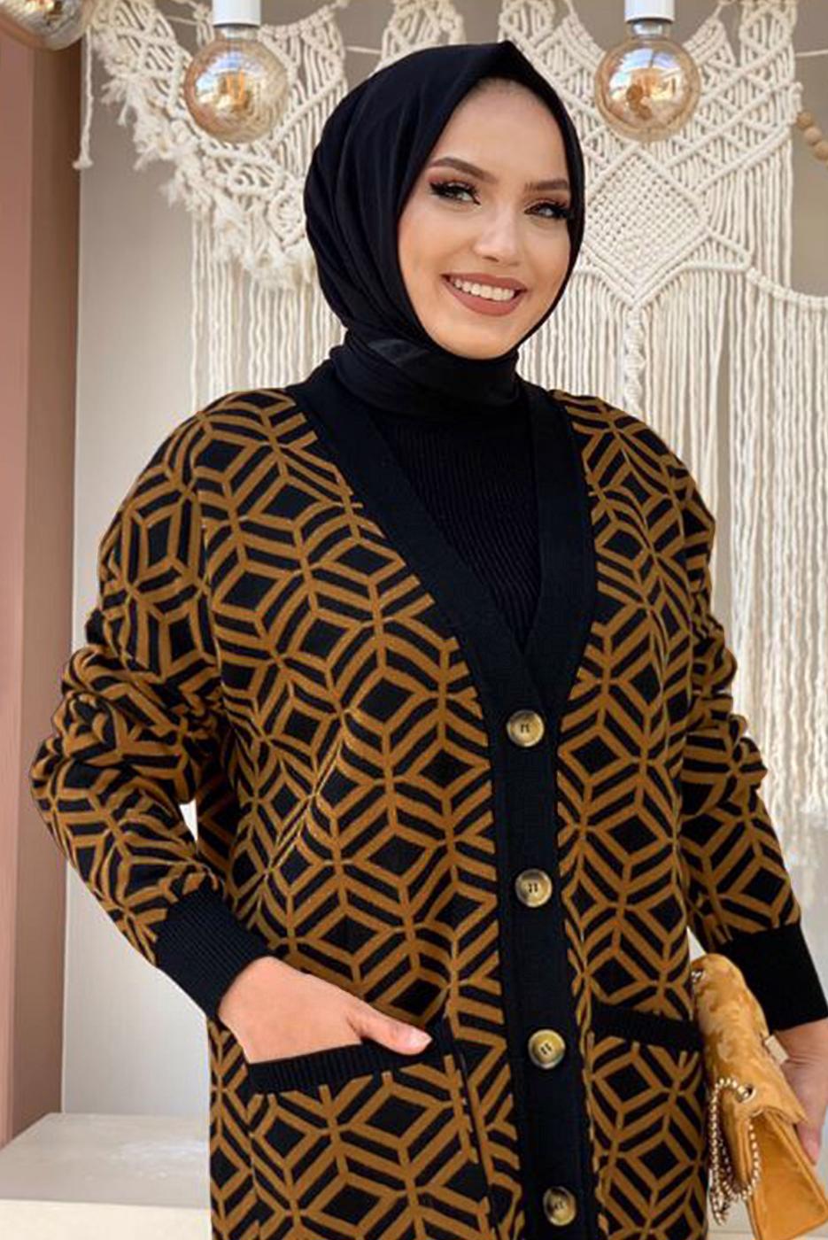 Tesettür giyim SİYAH DESENLİ CEKETLİ PANTOLONLU TRİKO TAKIM 32112	