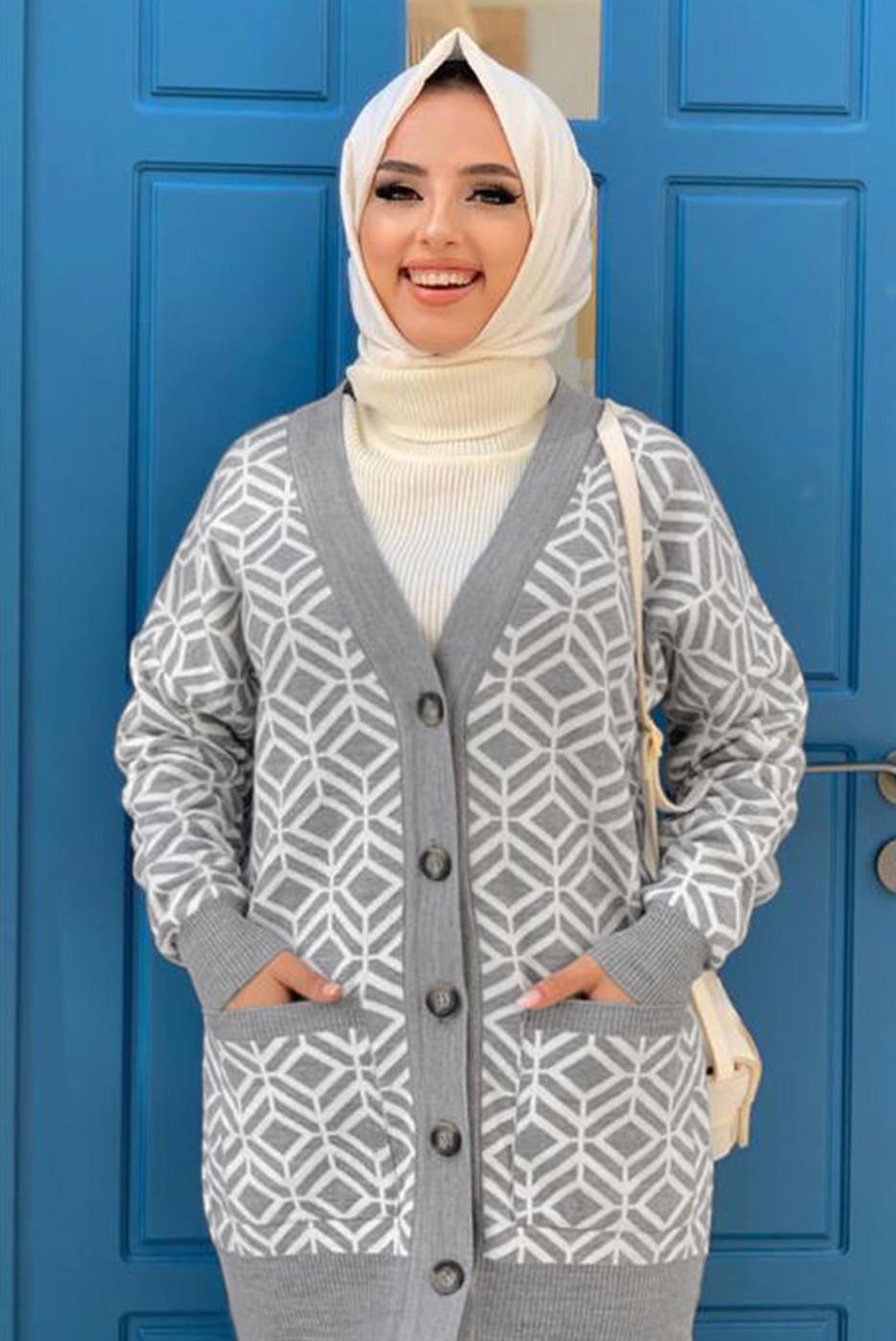 Tesettür giyim GRİ DESENLİ CEKETLİ PANTOLONLU TRİKO TAKIM 32112	