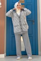 Tesettür giyim GRİ DESENLİ CEKETLİ PANTOLONLU TRİKO TAKIM 32112	