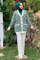 Tesettür giyim EKRU DESENLİ CEKETLİ PANTOLONLU TRİKO TAKIM 32112	