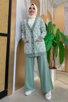 Tesettür giyim YEŞİL DESENLİ CEKETLİ PANTOLONLU TRİKO TAKIM 32112	