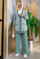 Tesettür giyim YEŞİL DESENLİ CEKETLİ PANTOLONLU TRİKO TAKIM 32112	