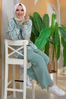 Tesettür giyim YEŞİL DESENLİ CEKETLİ PANTOLONLU TRİKO TAKIM 32112	