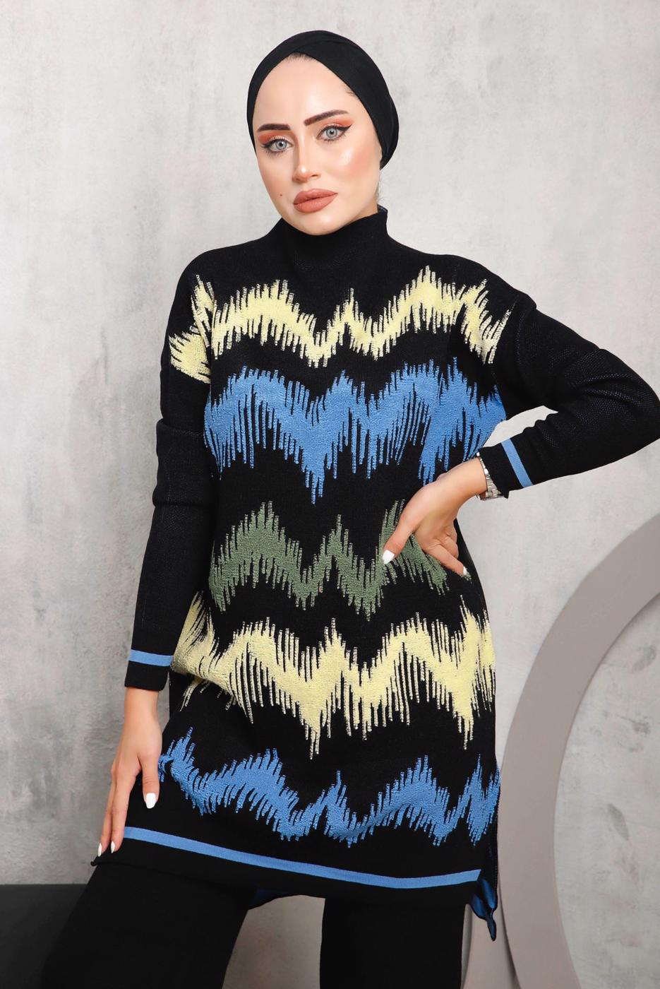 Tesettür giyim SİYAH ZİKZAK DESENLİ TRİKO TAKIM 3292