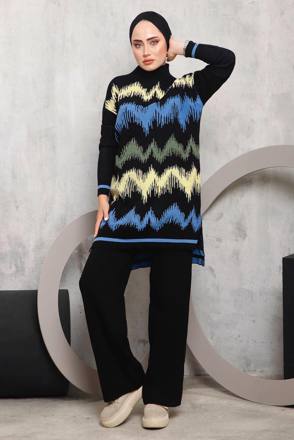 Tesettür giyim SİYAH ZİKZAK DESENLİ TRİKO TAKIM 3292