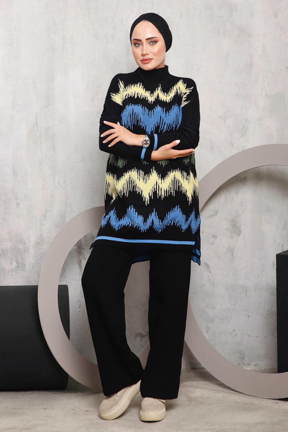 Tesettür giyim SİYAH ZİKZAK DESENLİ TRİKO TAKIM 3292