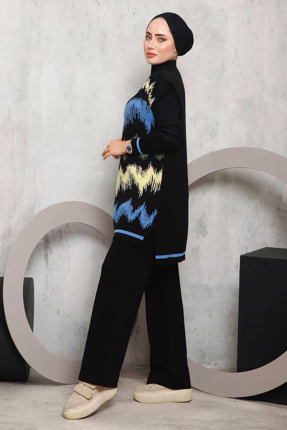 Tesettür giyim SİYAH ZİKZAK DESENLİ TRİKO TAKIM 3292