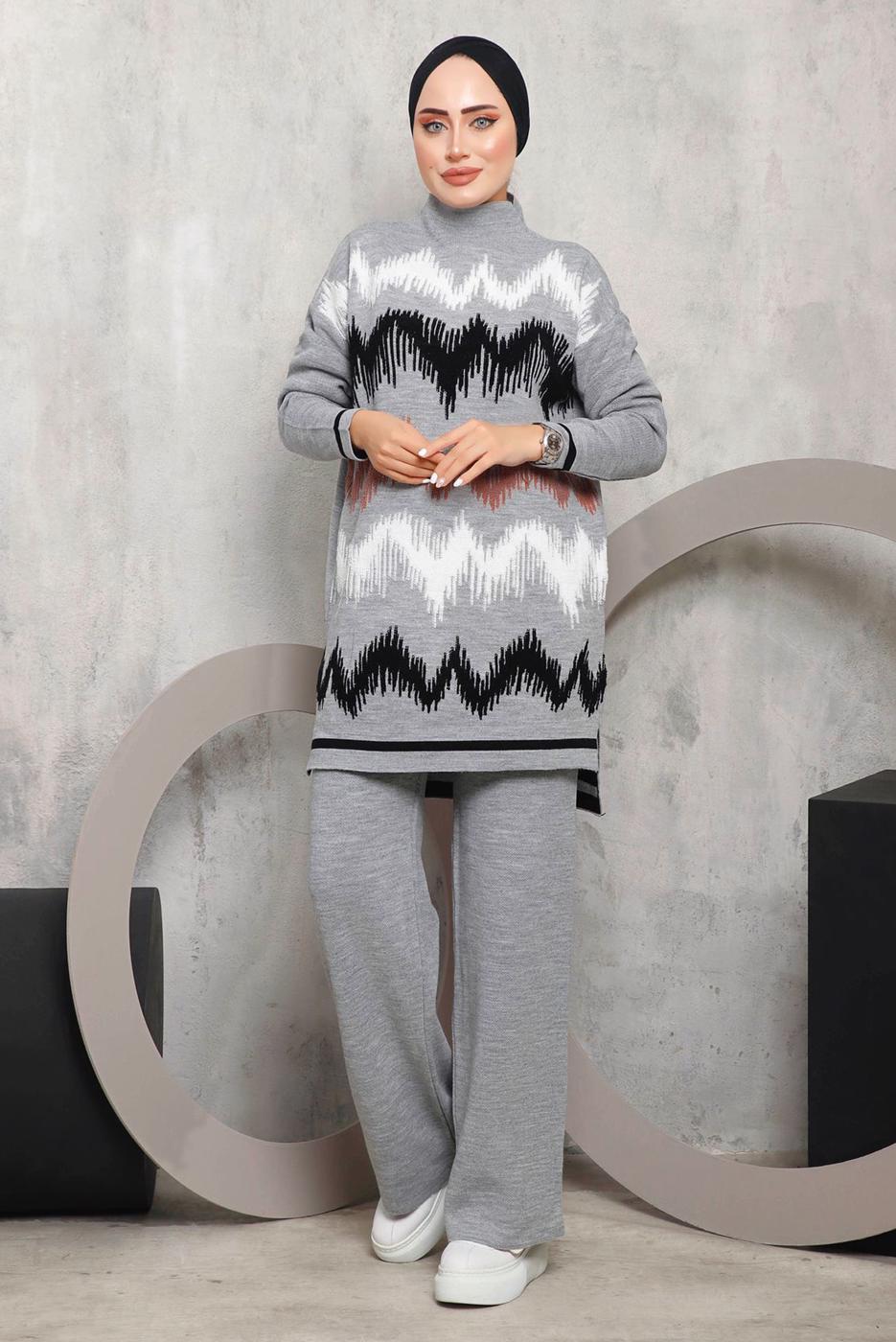 Tesettür giyim GRİ ZİKZAK DESENLİ TRİKO TAKIM 3292
