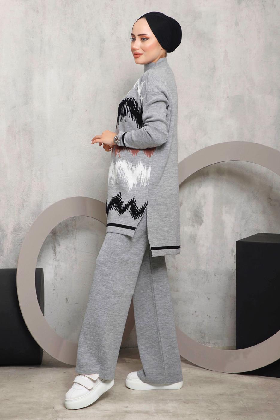Tesettür giyim GRİ ZİKZAK DESENLİ TRİKO TAKIM 3292