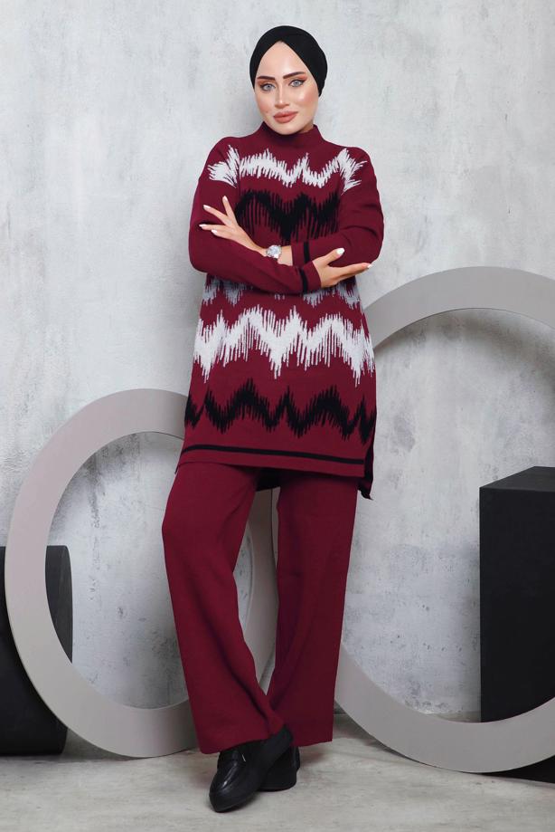 Vêtements hijab ROUGE BORDEAUX ENSEMBLE EN MAILLE MOTIF ZIGZAG 3292 - TRENDTESETTÜR
