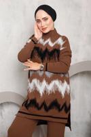 Tesettür giyim KAHVE ZİKZAK DESENLİ TRİKO TAKIM 3292