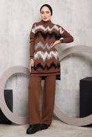 Tesettür giyim KAHVE ZİKZAK DESENLİ TRİKO TAKIM 3292