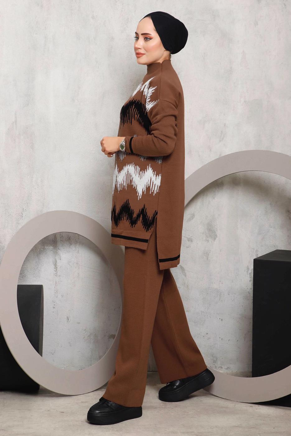 Tesettür giyim KAHVE ZİKZAK DESENLİ TRİKO TAKIM 3292