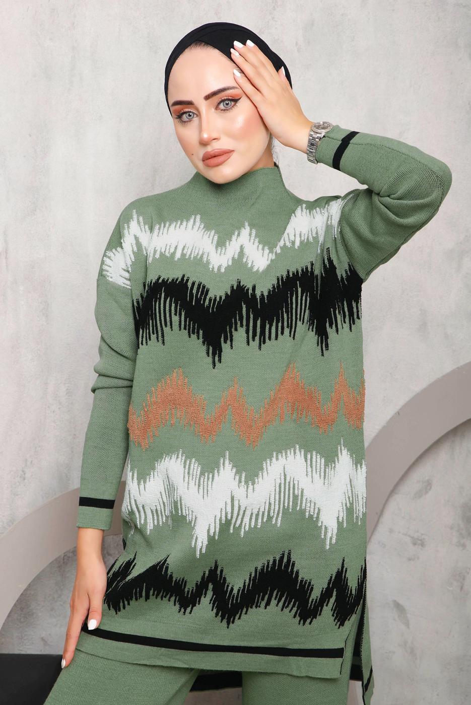 Tesettür giyim YEŞİL ZİKZAK DESENLİ TRİKO TAKIM 3292