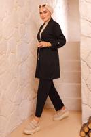 Tesettür giyim SİYAH BELDEN BAĞLAMALI CEKETLİ TAKIM 3772 