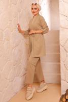 Tesettür giyim KAHVE BELDEN BAĞLAMALI CEKETLİ TAKIM 3772 