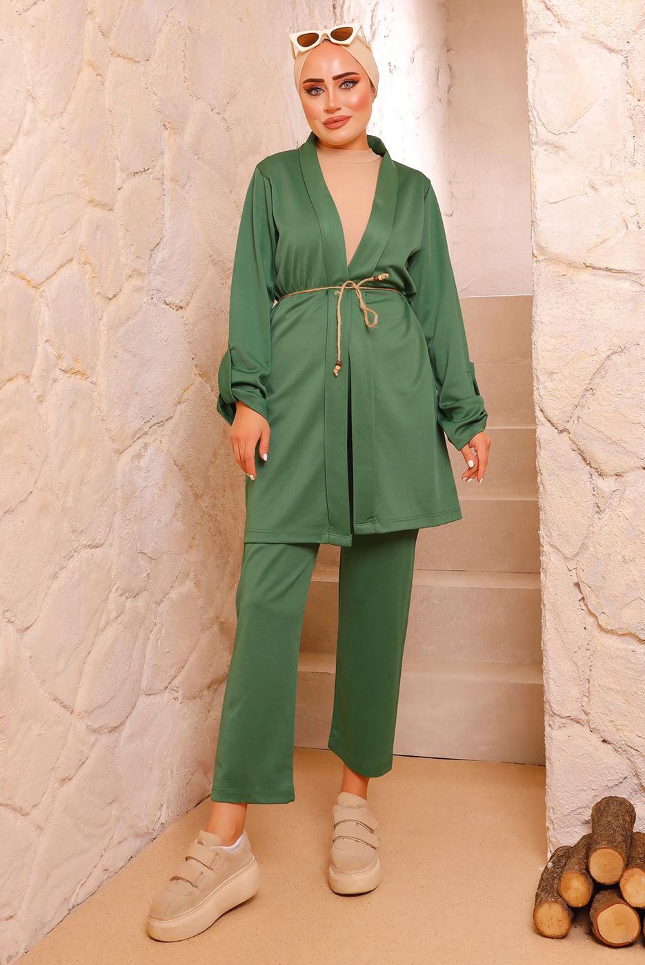 Tesettür giyim YEŞİL BELDEN BAĞLAMALI CEKETLİ TAKIM 3772 