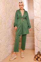 Tesettür giyim YEŞİL BELDEN BAĞLAMALI CEKETLİ TAKIM 3772 