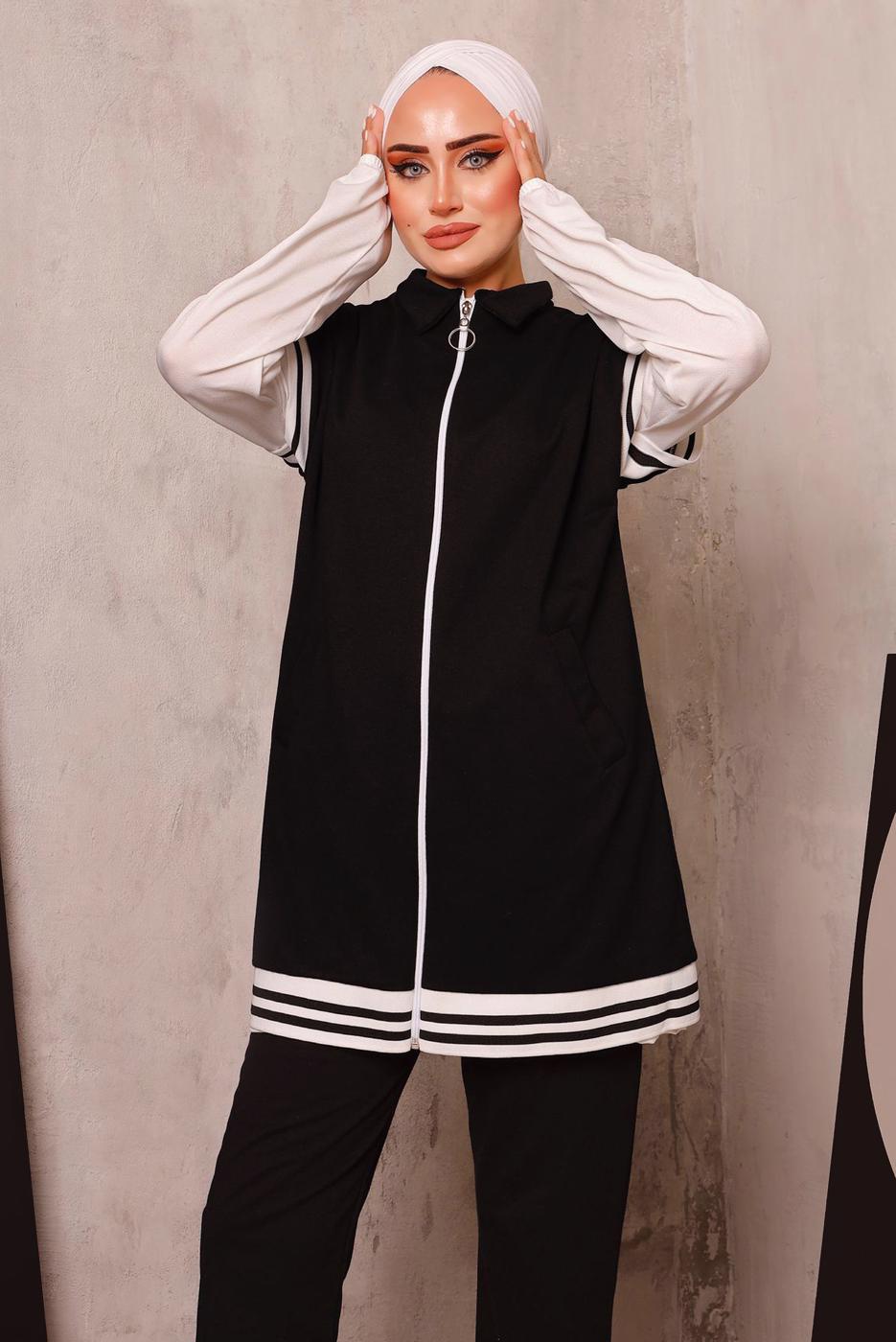 Tesettür giyim SİYAH FERMUARLI YELEKLİ ÜÇLÜ PANTOLONLU TAKIM 4172