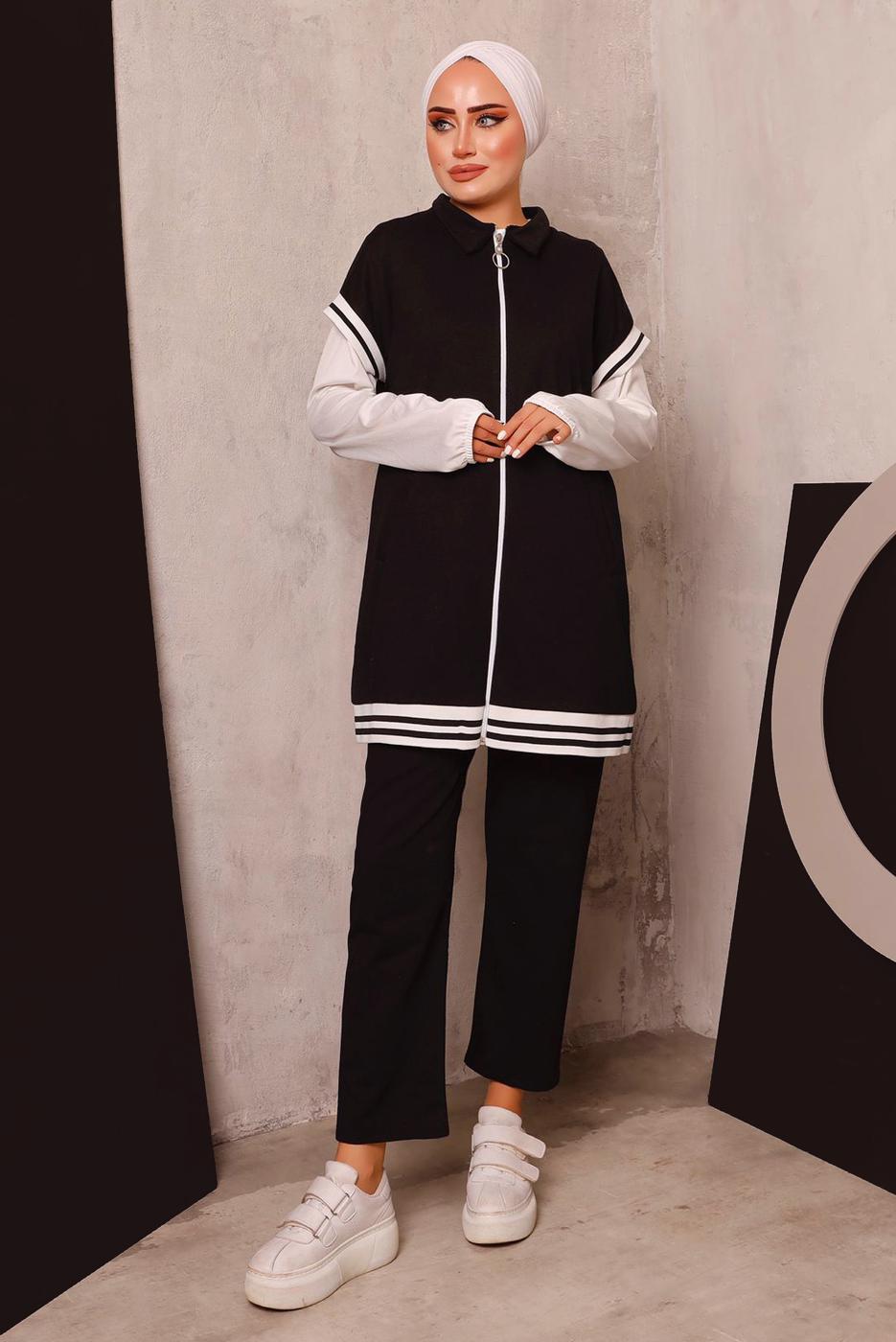 Tesettür giyim SİYAH FERMUARLI YELEKLİ ÜÇLÜ PANTOLONLU TAKIM 4172