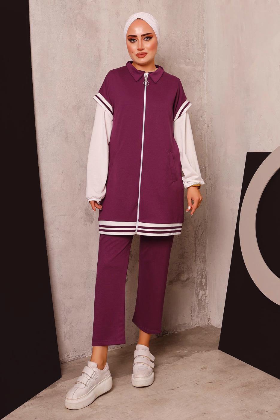Tesettür giyim MÜRDÜM FERMUARLI YELEKLİ ÜÇLÜ PANTOLONLU TAKIM 4172