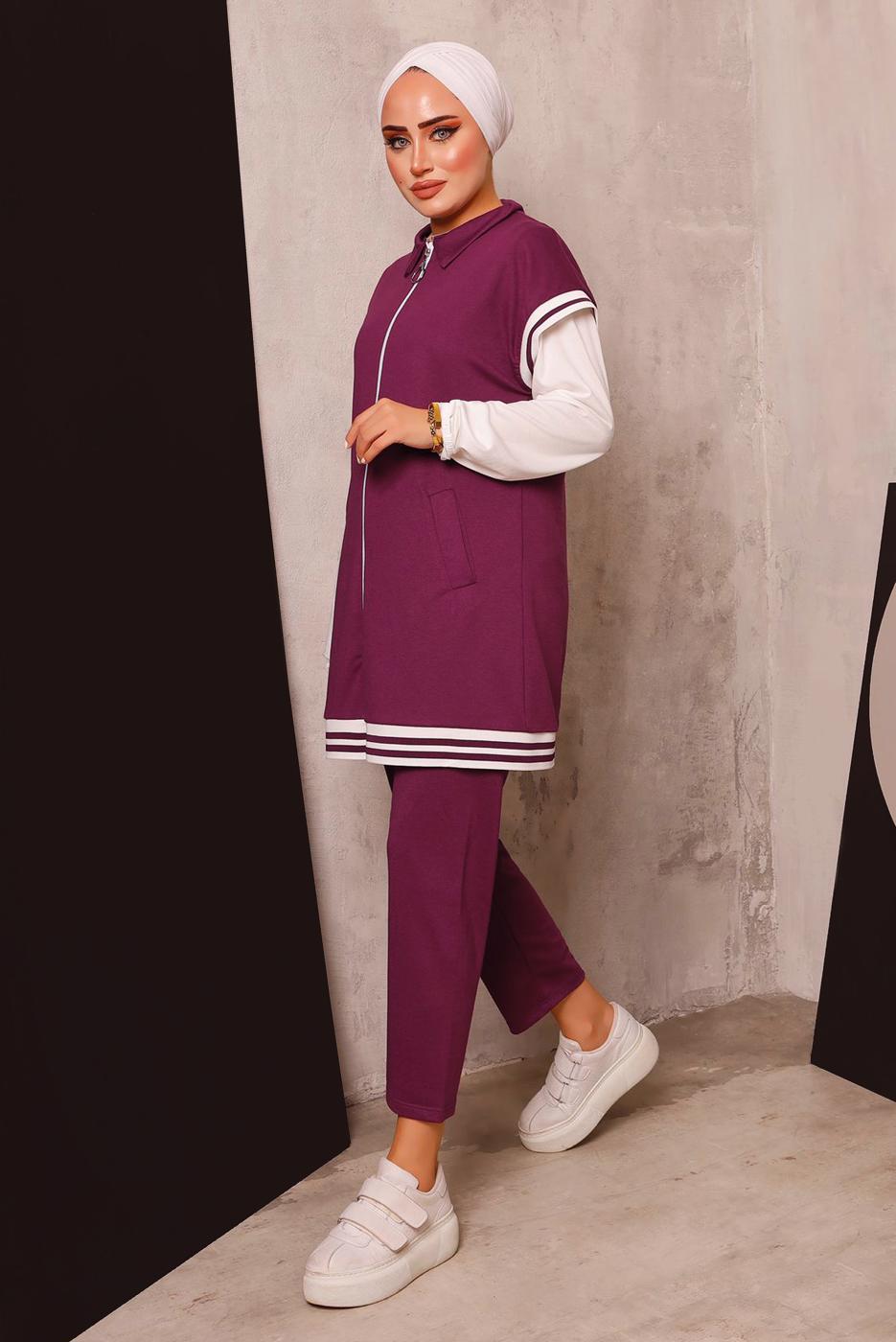 Tesettür giyim MÜRDÜM FERMUARLI YELEKLİ ÜÇLÜ PANTOLONLU TAKIM 4172