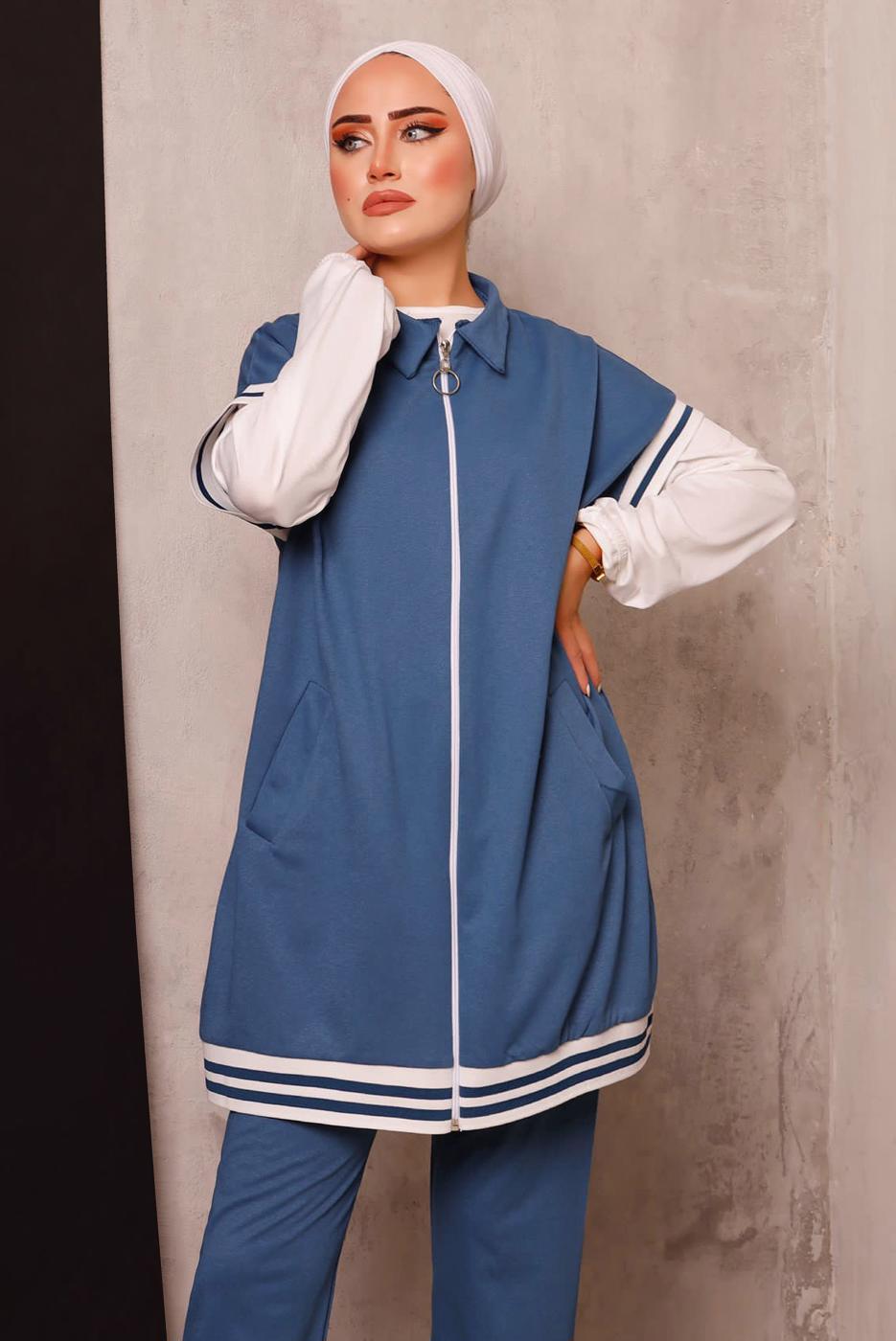 Tesettür giyim LACİVERT FERMUARLI YELEKLİ ÜÇLÜ PANTOLONLU TAKIM 4172