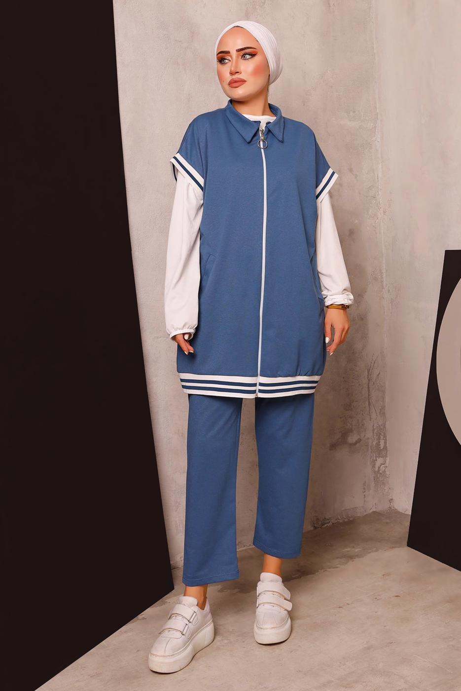 Tesettür giyim LACİVERT FERMUARLI YELEKLİ ÜÇLÜ PANTOLONLU TAKIM 4172