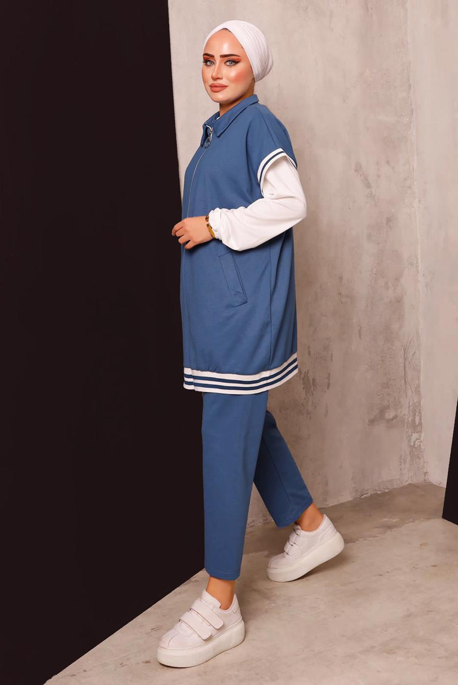 Tesettür giyim LACİVERT FERMUARLI YELEKLİ ÜÇLÜ PANTOLONLU TAKIM 4172