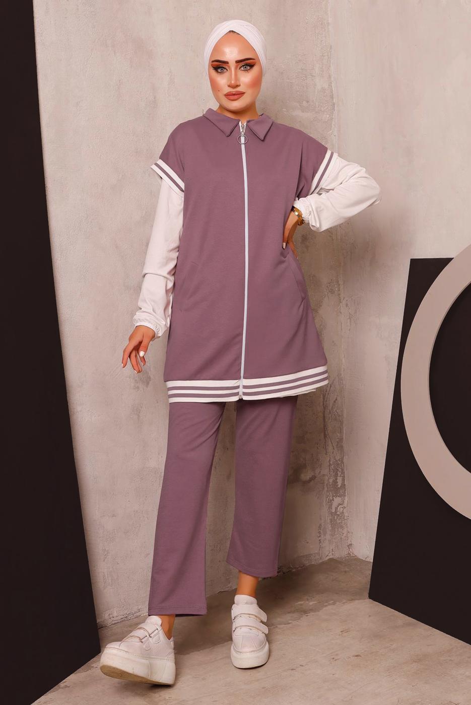 Tesettür giyim PEMBE FERMUARLI YELEKLİ ÜÇLÜ PANTOLONLU TAKIM 4172