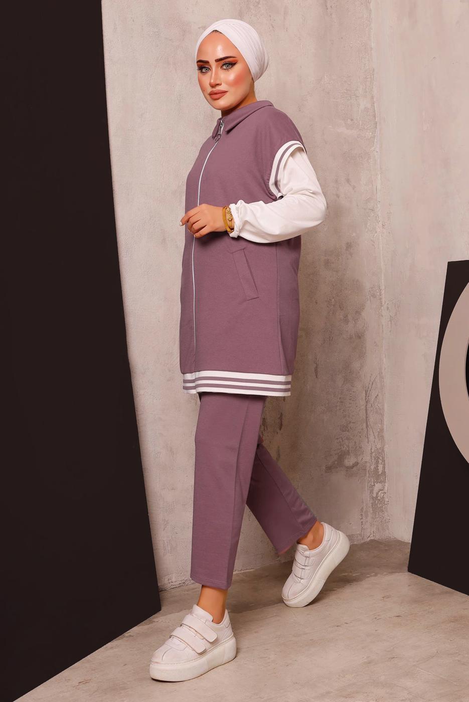 Tesettür giyim PEMBE FERMUARLI YELEKLİ ÜÇLÜ PANTOLONLU TAKIM 4172