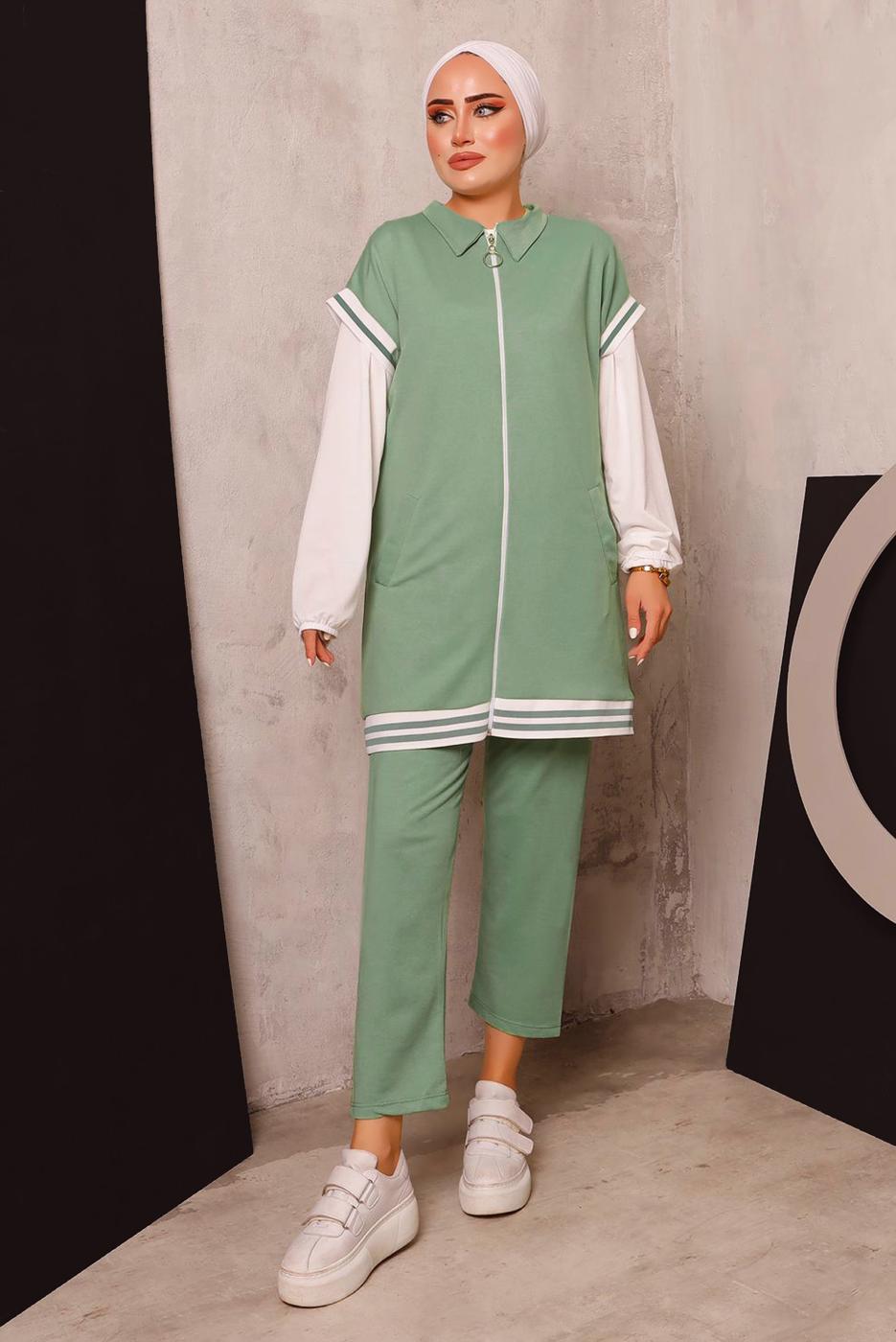 Tesettür giyim YEŞİL FERMUARLI YELEKLİ ÜÇLÜ PANTOLONLU TAKIM 4172