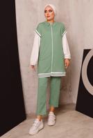 Tesettür giyim YEŞİL FERMUARLI YELEKLİ ÜÇLÜ PANTOLONLU TAKIM 4172