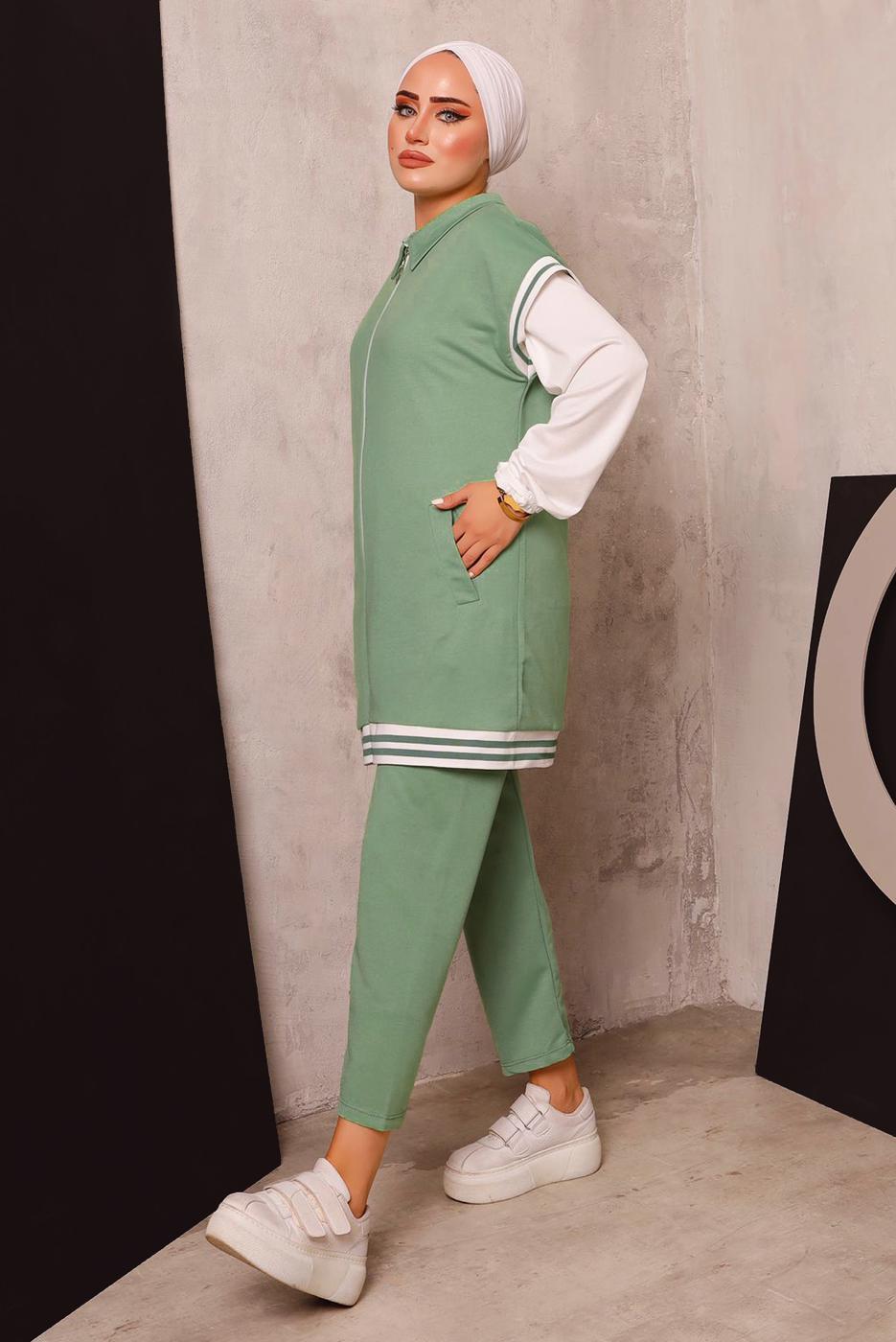 Tesettür giyim YEŞİL FERMUARLI YELEKLİ ÜÇLÜ PANTOLONLU TAKIM 4172