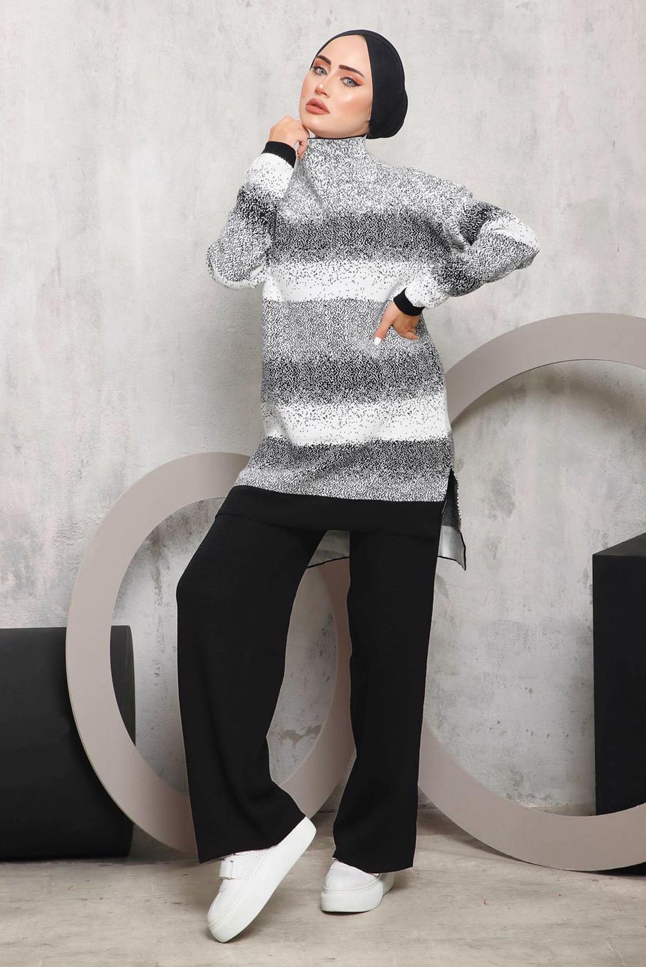 Tesettür giyim SİYAH DESENLİ PANTOLONLU TRİKO TAKIM 4292