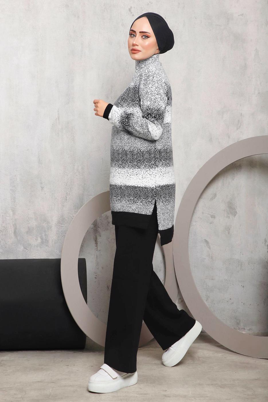 Tesettür giyim SİYAH DESENLİ PANTOLONLU TRİKO TAKIM 4292