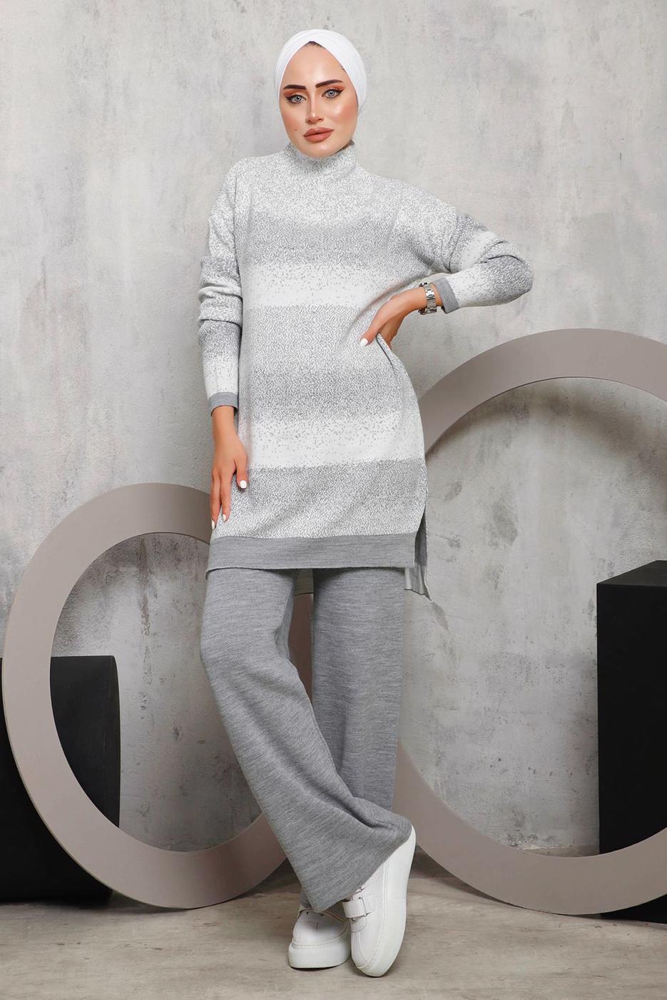 Vêtements hijab GRIS ENSEMBLE PANTALON EN MAILLE À MOTIFS 4292